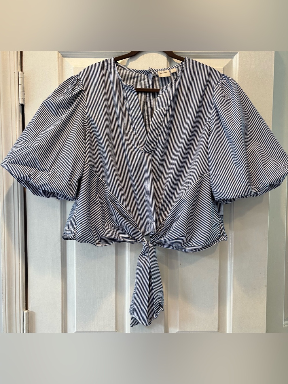 Maeve Blue & White Striped Puff Sleeve Tie-Front Top - XL